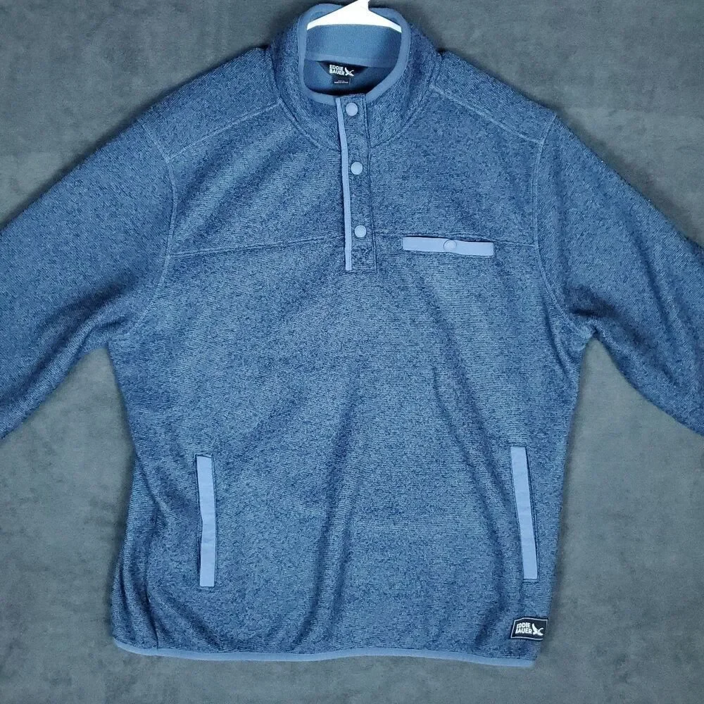 Eddie Bauer Sweater Men’s XL Knit Pullover 1/4 Snap Mock Neck Blue - Picture 10 of 11